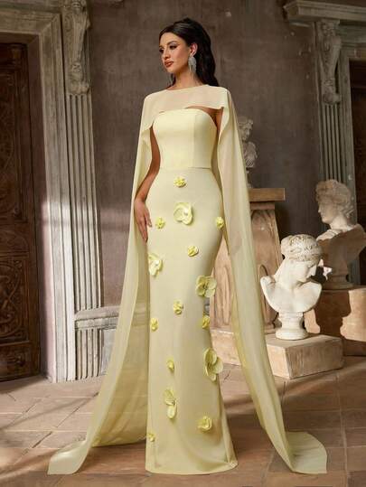 Aureia Elegant Mustard Yellow Elastic Knit Strapless High Waist Straight Fit Luxurious Romantic Handcrafted 3D Floral Dress (Detachable Extra Long Chiffon Scarf) Suitable For All Formal Occasions, Weddings, Singles Parties, Vacations, Dates, Women's Evening Gowns