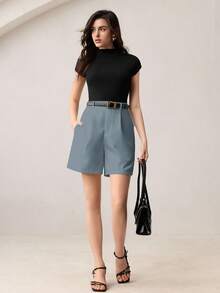 BizChic Quần short nữ màu xanh nhạt dáng suông mới mùa Xuân/Hè, có túi bên hông, xếp ly, phù hợp cho công sở, các dịp trang trọng, đi làm thanh lịch trong thành phố, phong cách thường ngày, lãng mạn, retro thập niên 90, đa năng cho các bữa tiệc, lễ tốt nghiệp, khách dự đám cưới, phù dâu, chủ nhà, đi chơi, giao lưu, hẹn hò, tiệc tùng, buổi hòa nhạc, lễ tốt nghiệp, bữa ăn trưa, sân bay. - Màu xanh lam - Xem 2