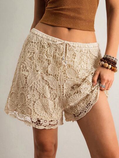 Freevana Women's Embroidered Tie-Waist Loose Knit Shorts