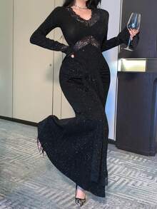 DAZY Lace Cinched Waist Midi Dress For Women - Black - View 1