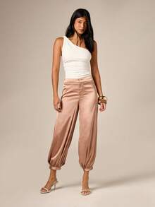 AiiRZ Pantalones harem de satén lujosos con cintura elástica con cordón para comodidad relajada en el día a día y un estilo versátil - Beis - Ver 5