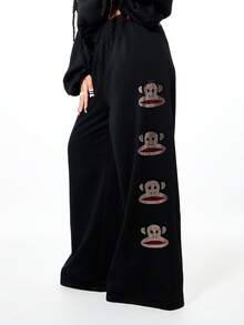 SUMWON X PAUL FRANK SUMWON WOMEN 女士宽松印花慢跑裤，黑色阔腿运动裤，水钻猴子贴花，抽绳休闲家居服 - 黑色 - 查看 1