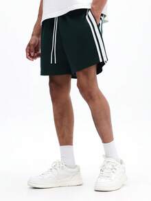 SUMWON Men Regular Fit Pull On Drawstring Dark Green Shorts With White Side Tape Stripe Detail Casual Summer Bottoms - Green - View 4