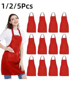 1/2/5PCS Women's Apron With Simple Red Design Featuring Pockets Ideal For Cooking Cleaning Household Chores And Kitchen Essentials - Red - View 2