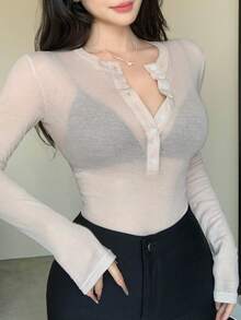 DAZY Damen Lässig vielseitiges einfarbiges Langarm T-Shirt mit halber Knopfleiste - Khaki - Übersicht 5