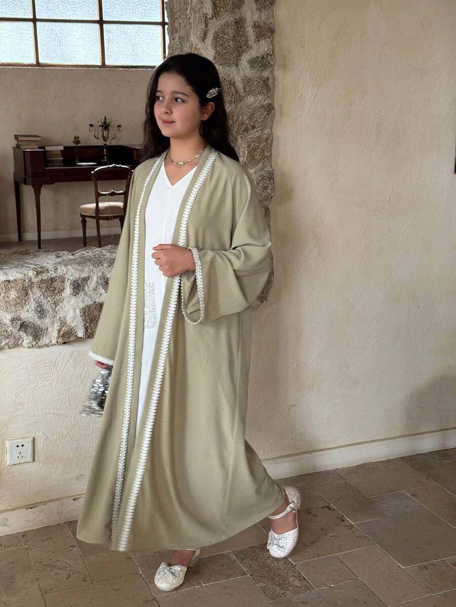 DAZY Tween flickor lös passform lång kofta med kantdetalj, höst - Grön - Visa 1