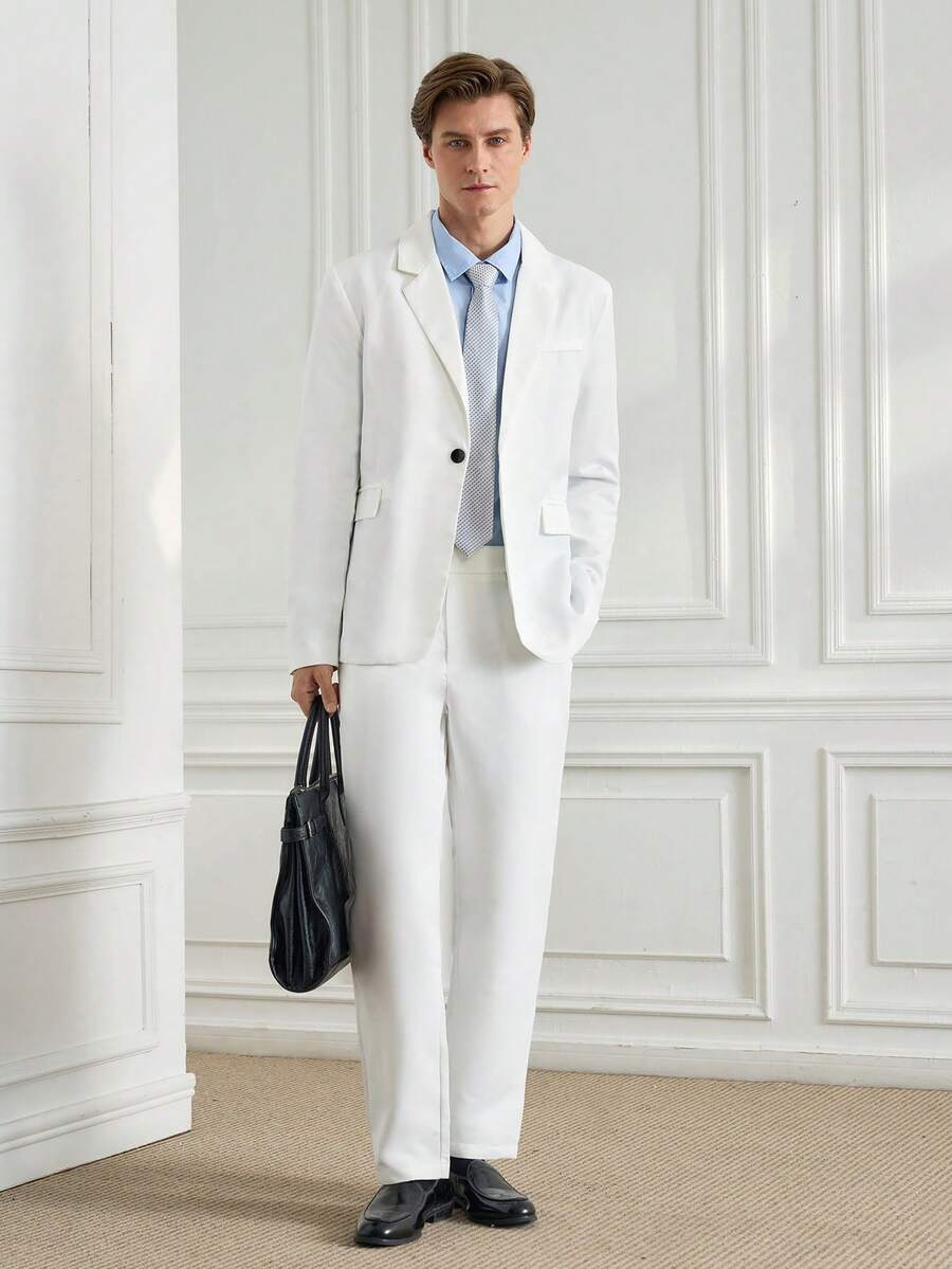 Officeau Men's Minimalist Solid Color Suit Jacket And Trousers Set White Men Suit - White - View 1