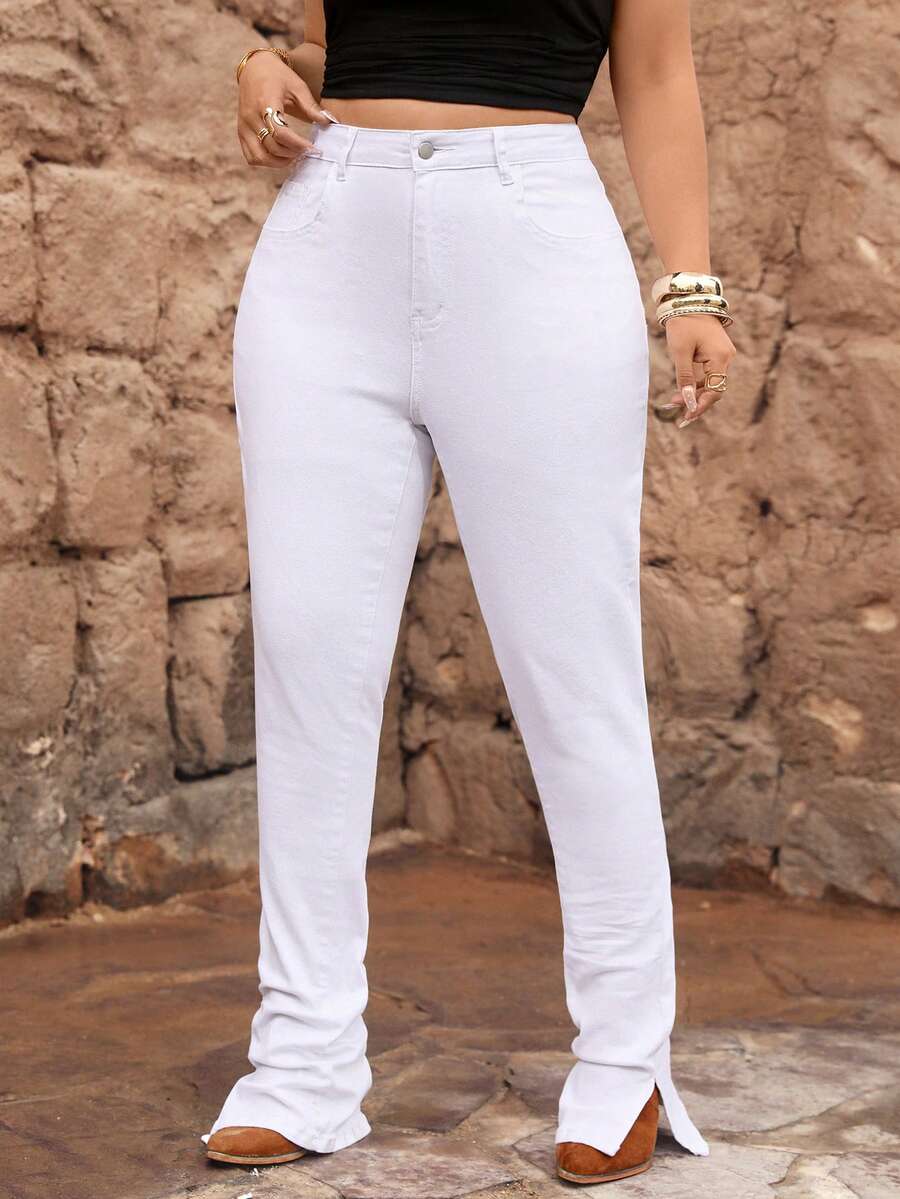 SHEIN ICON Plus Size Casual Versatile Solid Color High Waist Split Hem Jeans - White - View 1