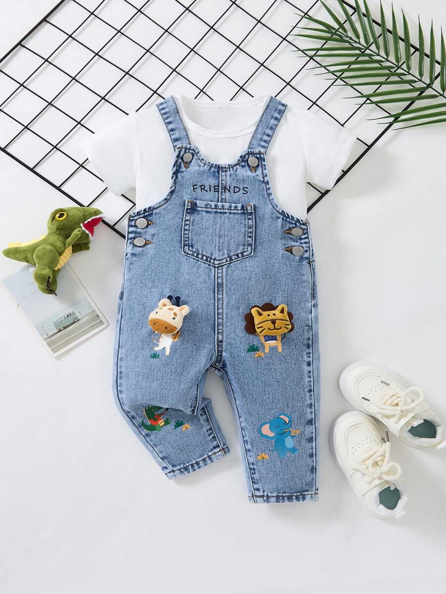 SHEIN Baby/Toddler Boys' New Fashion Casual Soft Cute Animal Graphic Plush Blue Denim Loose Fit Jumpsuit Spring Summer,For Baby Spring/Summer Dailywear Outfits,Boys Streetwear Outfits,Boys Beach Outfit,Vacation Outfits For Baby,Casual Clothes For Boys,Graphic Jumpsuit ,Toddler Shirt,2-Year-Old Boys Jumpsuit ,Summer Jumpsuit ,Casual Jumpsuit - Light Wash - View 1