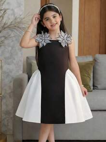 SHEIN Robe élégante à col rond, à volants et nœud pour jeunes filles - Noir et Blanc - Voir 1