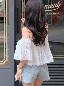 DAZY Áo kiểu nữ dáng chữ A trễ vai, áo sơ mi mùa hè trễ vai ngọt ngào, thoải mái. - trắng - Xem 2