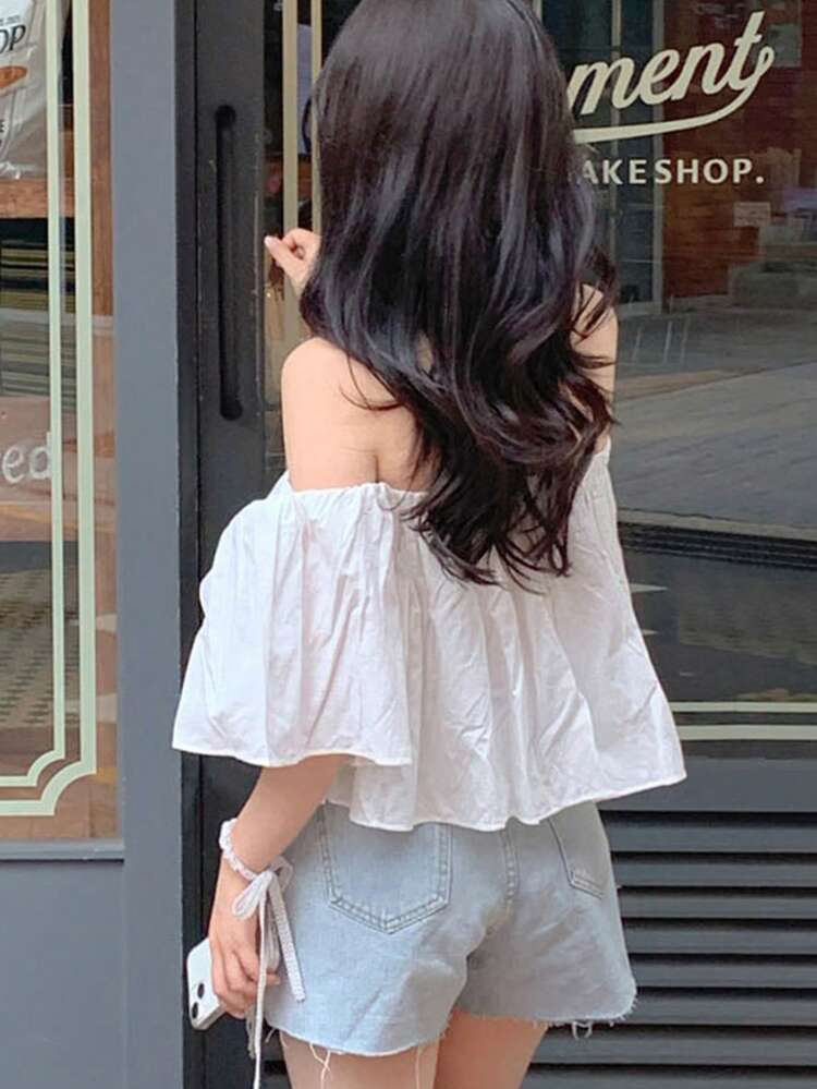Women's Off-Shoulder A-Line Smock Blouse, Sweet Casual Off-Shoulder Summer Shirt