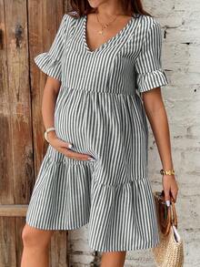 SHEIN 夏季孕妇及哺乳期休闲条纹荷叶边连衣裙 - 綠色 - 查看 3