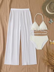 Tween Girl Textured Fabric Swimsuit Set With Cover Up Pants - White - View 4