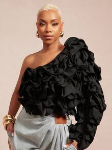 Vixey One Shoulder Layered Ruffle Boho Top - Black - View 1