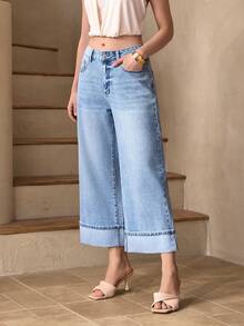 Selenza Women's Casual Loose Versatile Cuffed Ankle Denim 3/4 Pants, All Season - Light Wash - View 3