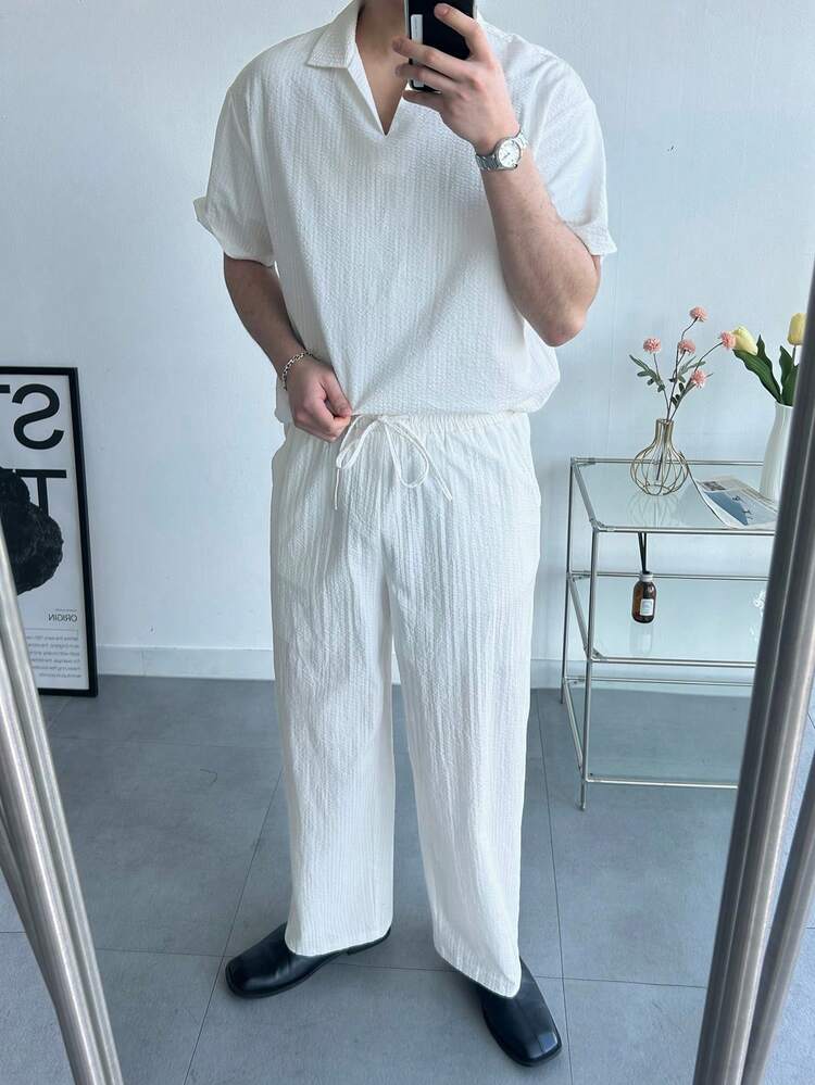 Men's Solid White Short Sleeve Shirt And Pants Set, Spring/Summer