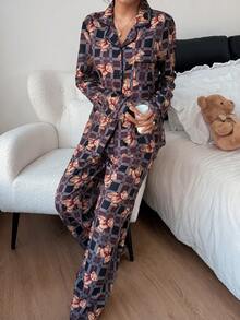 女士熊图案格子印花翻领单排扣上衣和裤子睡衣套装 - 黑色 - 查看 4