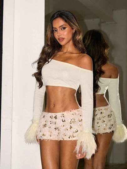 SHEIN ICON 女士毛绒袖口装饰不对称露肩超短款上衣