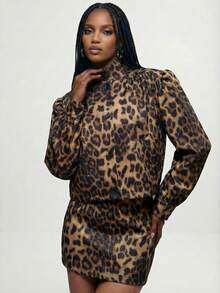 Aveloria GENKIRA Women's Fashion Leopard Print French Vintage Style Turtleneck Button Jacket & Skirt 2-Piece Set, Spring/Summer - Multicolor - View 2