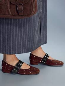 CUCCOO GRLICON Fashionable Studded Square Toe Mary Jane Shoes - Coffee Brown - View 3