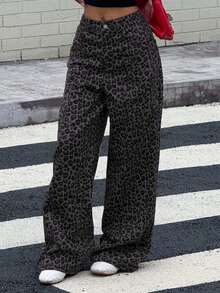DAZY Jeans casuales sueltos, cómodos y transpirables con estampado de leopardo, estilo Y2K para mujer - Gris - Ver 4