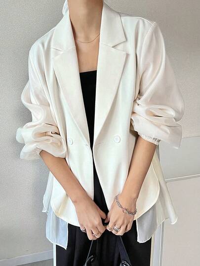 FRIFUL 女士纯色翻领灯笼袖双排扣休闲西装外套