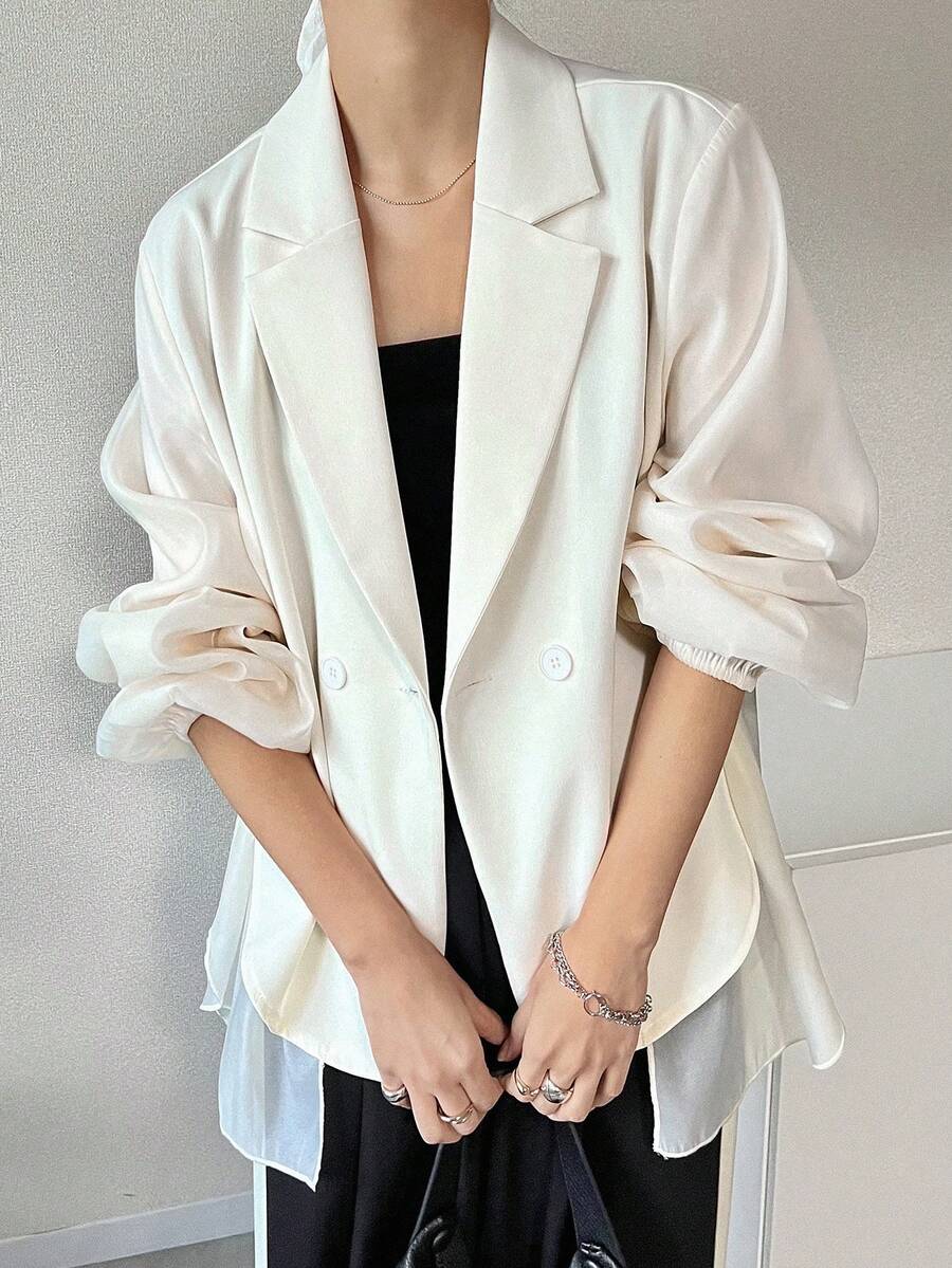 FRIFUL Áo blazer nữ màu trơn cổ ve áo, tay phồng, cài hai hàng khuy, kiểu dáng thường ngày. - Màu be - Xem 1