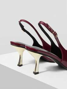 Mnmlis 女士尖头搭扣设计时尚优雅高跟鞋 - 酒紅色 - 查看 3