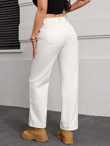 SHEIN PETITE Women's Pocket Button Casual Versatile Daily Wear Wide Leg Jeans - Apricot - View 2