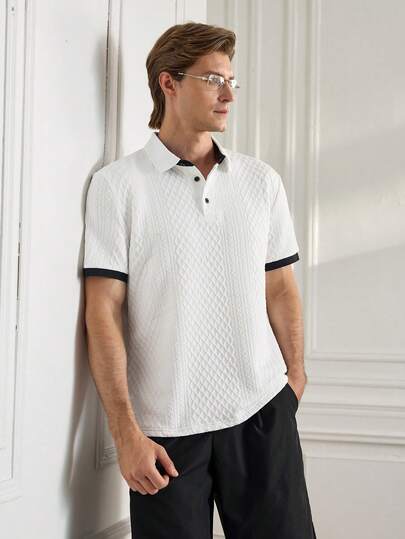 Officeau 男士休闲通勤短袖麻花图案 Polo 衫