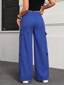 SHEIN EZwear Quần jeans cargo nữ mùa hè có khóa kéo và túi nắp - Màu xanh lam - Xem 2