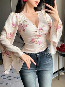 DAZY Women's Elegant Commuter Floral Print Flare Sleeve Blouse - Beige - View 5