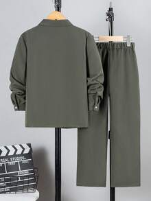 2pcs/Set Big Kids' Spring/Autumn Casual Gentleman Single-Breasted Gray Long Sleeve Shirt + Elastic Waist Slant Pocket Casual Pants, Vacaura Boy Outfit - Army Green - View 2