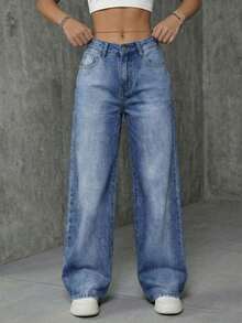 SHEIN ICON Women's Casual Washed Loose Straight Leg Jeans Going Out Light Blue Summer - Dark Wash - View 3