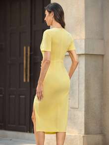 Editum Women's Amber Haze Sleeveless Deep V Retro Wrap Bodycon Midi Dress - 2026 SS Side Slit Button Detail Silky Fabric Spring Equinox St. Patrick's Day Party Easter Prep Outfit - Light Yellow - View 2