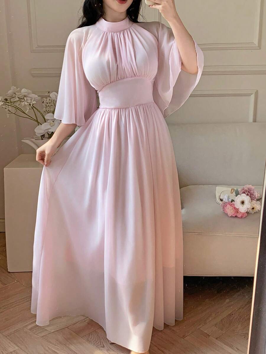 Celisse Women's Elegant Printed Split Flare Sleeve High Neck Mid-Length Dress - Pink - View 1