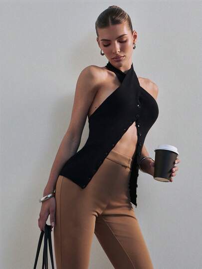 Hauture Women's Halter Neck Criss Cross Neck Cardigan Sexy Office Wear