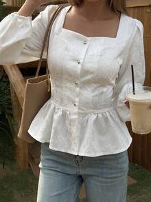 DAZY Textured Jacquard Fabric Fitted Waist Flared Hem Square Collar Long Sleeve Elegant Summer Blouse For Women Babydoll Top - White - View 8