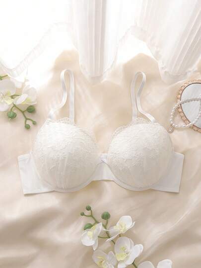 White Wedding Season Underwire Padded Bra, Floral Embroidery Design, Supportive Lift, Elegant Plus Size