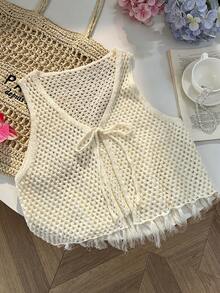 Sunnyshic 女士休闲简约甜美米色V领镂空系带针织背心，夏季 - 米色 - 查看 7