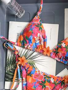 Swim Vcay Women's Random Floral Print Halter Bikini Set, Spring/Summer - Multicolor - View 3