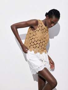 Maija 水溶性刺绣舒适透气圆点背心，适合度假、圣帕特里克节、复活节、夏季、复活节派对、海滩度假、夏季外出、毕业典礼等场合，休闲穿着。 - 卡其色 - 查看 4