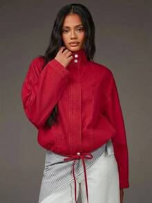 Athîral 女士休闲度假长袖牛仔外套 - 紅色 - 查看 3