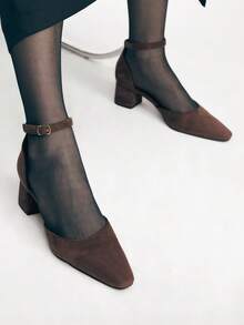 Mnmlis Tacones altos para mujer para exteriores, zapatos de moda de tacón grueso y punta cuadrada, versátiles, de ante y con diseño hueco, para primavera, verano, otoño e invierno - Café - Ver 9