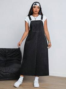 SHEIN ICON Plus Size Casual Washed Denim Pinafore Dress - Dark Grey - View 5