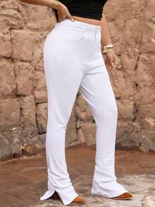 SHEIN ICON Plus Size Casual Versatile Solid Color High Waist Split Hem Jeans - White - View 4