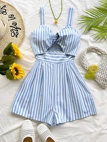 Soleia 女士度假休闲条纹扭结镂空连体衣 - 彩色 - 查看 5