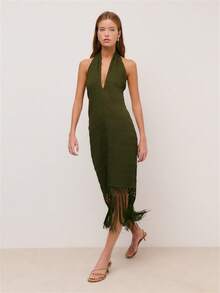 Nöista Olive Green Halter Dress With A Textured Fabric With A Crisscross Neckline And Fringe Hem. Summer, , Boho-Chic, Evening Wear, Spring, Festival. - Army Green - View 1
