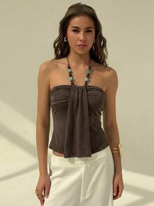 Aloruh Top de tirantes con cuello halter y decoración de cuentas en color marrón para mujer, primavera/verano - Marrón - Ver 3